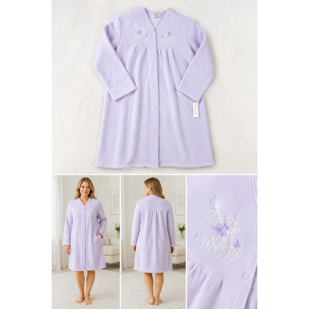 Miss Elaine Size 1X Lilac Snap Button House Coat Robe Fleece Embroidered Floral